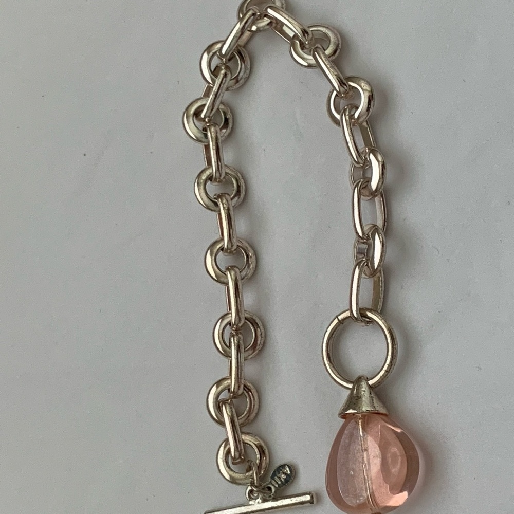 VTG Anne Klein silver circle link bracelet signed AKII pink teardrop charm 80’s - Picture 9 of 9